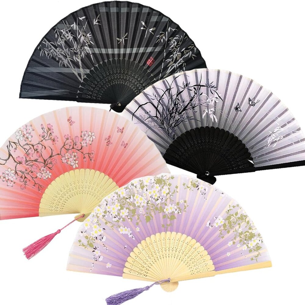 4 PCS Handheld Bamboo Fans, Chinese Silk Folding Fans with Bamboo Frames